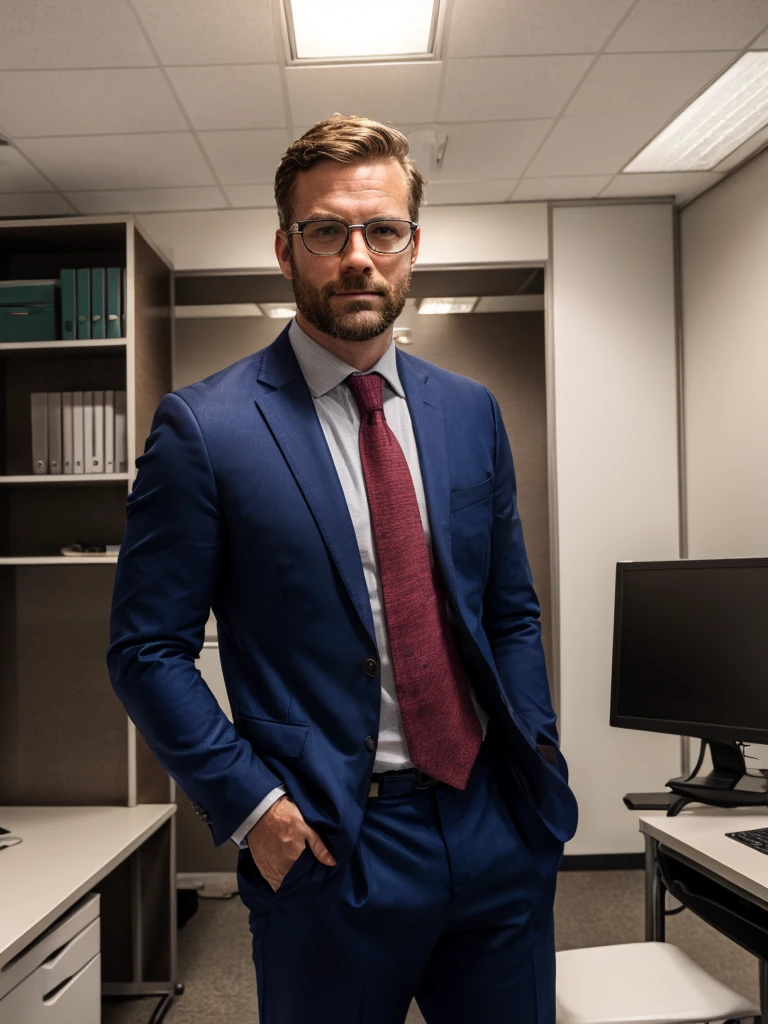 The man in the photo wearing a suit, in an office environment, With the lighting just where it is, standing alone, with the phrase "From home" written on the office wall.