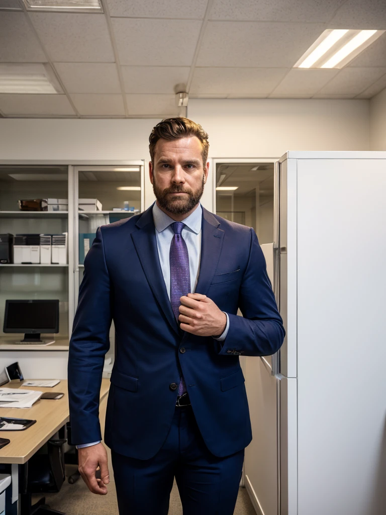 The man in the photo wearing a suit, in an office environment, With the lighting just where it is, standing alone, with the phrase "From home" written on the office wall.