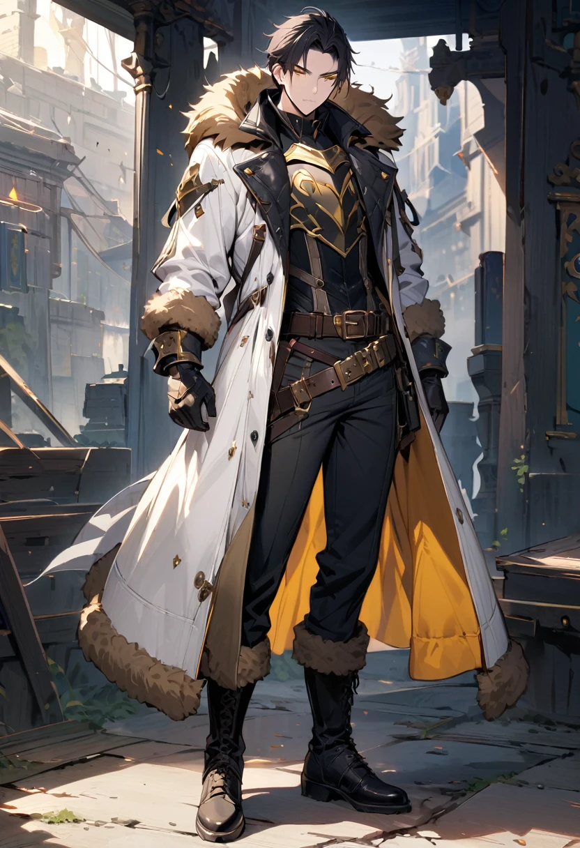 masterpiece, best quality, 1man, adult, male-focus, fur-trim, solo, full-body, black-hair, gloves, boots, armor, belt, coat, looking-at-viewer, ((Yellow-eyes)), black-gloves, long-coat, standing, white-coat, pants, White-skin,