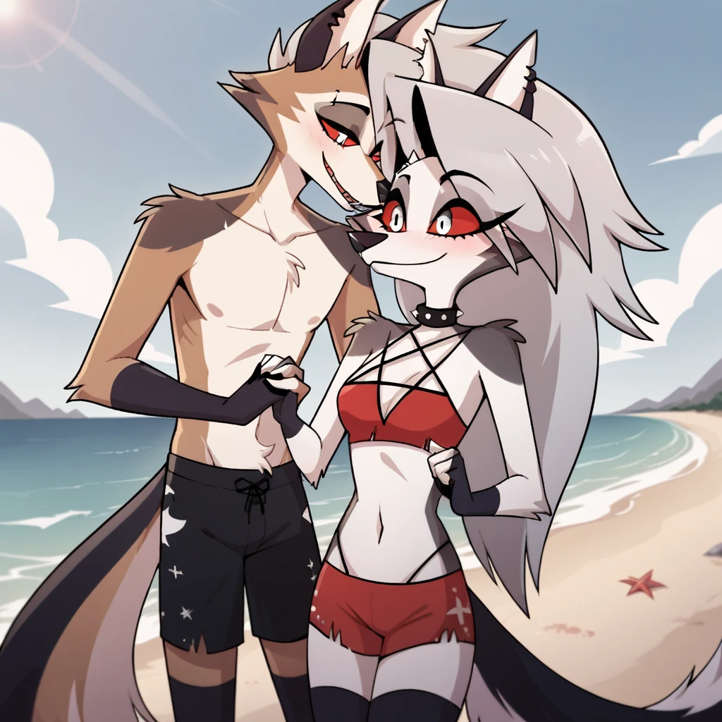 score_9, score_8_up, BREAK, source_anime, uncensored, perfect body, slim, thigh highs, fingerless gloves,
anthro, furry, pose, sexy,
Loona \(Helluva Boss\), NSFW, red swimsuit, bikini, head back, anthro male maned wolf with long spiked white hair and black face, black boxers, blushing, high detail, walking on beach, holding hands, smiling, open eyes, larger male, cuddling