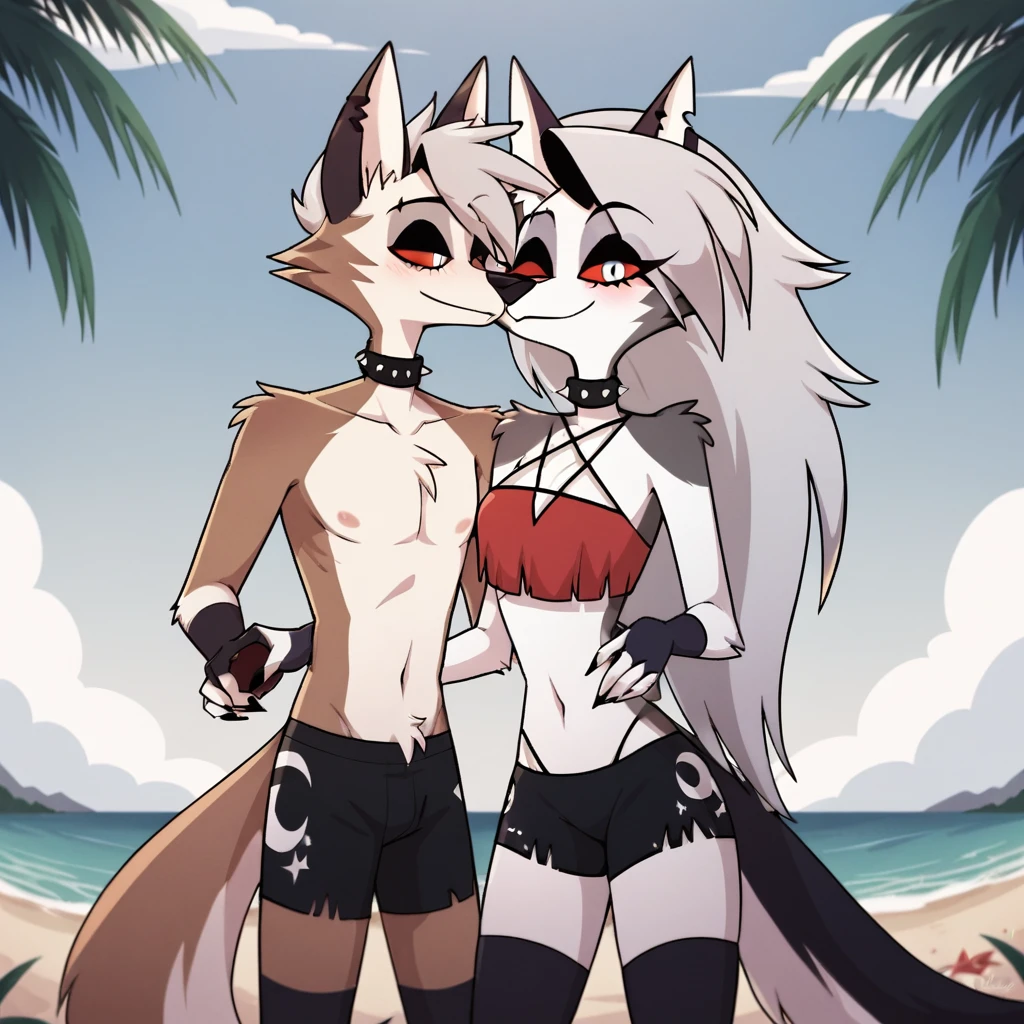 score_9, score_8_up, BREAK, source_anime, uncensored, perfect body, slim, thigh highs, fingerless gloves,
anthro, furry, pose, sexy,
Loona \(Helluva Boss\), NSFW, red swimsuit, bikini, head back, anthro male maned wolf with long spiked white hair and black face, black boxers, blushing, high detail, walking on beach, holding hands, smiling, open eyes, larger male, cuddling