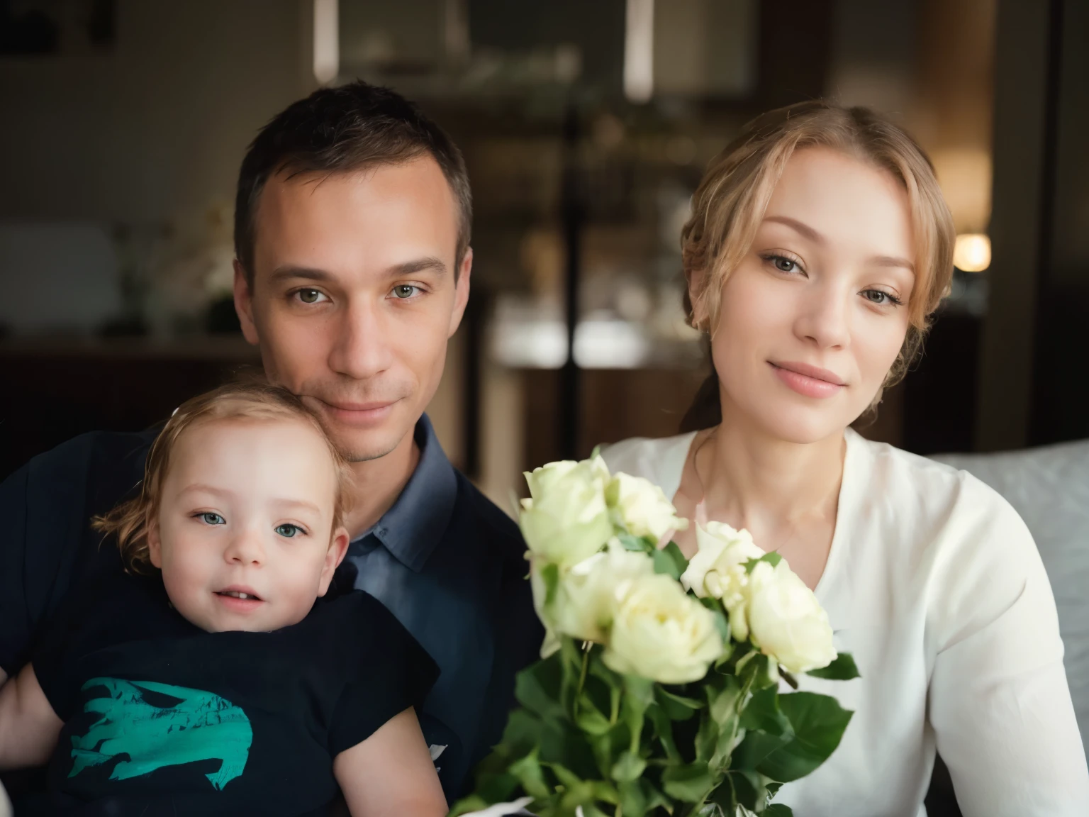 man in shirt and woman , flowers, husband wife and son, Portrait of a family of three, Family portrait, a happy family, portrait 60 mm, high quality portrait, photo taken on Nikon D750, photo taken on Nikon D 7 5 0, portrait for home photography, Photo portrait, 7 0mm portrait, 8k portrait shot