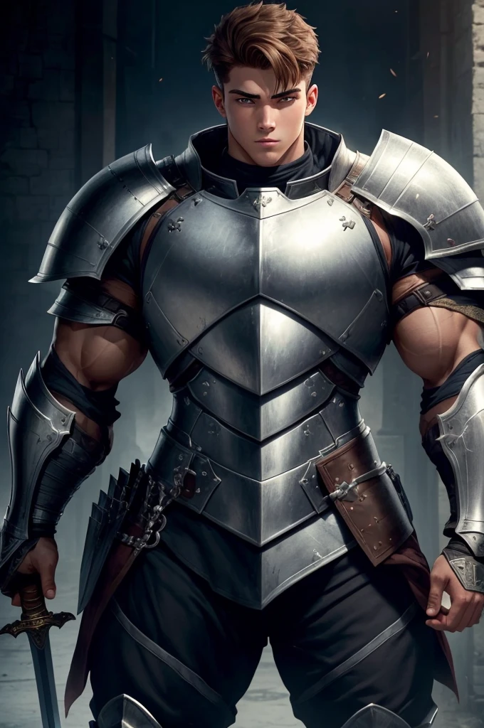 An armored teenage boy. He is covered in full knight armor and holds a sword. Hulking upper body with wide shoulders and a very thin waist (28 inch waist). Massive chest with plump pectorals. Giant, powerful chest. Massive, thick, muscular arms with giant, plump biceps and giant triceps. Massive muscular arms.  Fully armored. White, German ethnicity, and styled brown hair. Extremely handsome young boy with beautiful eyes.