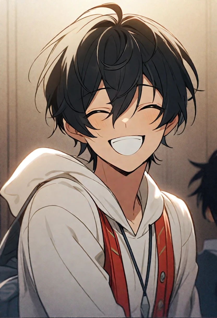 a close up of a person with black hair, [[[[grinning evily]]]], smiling sweetly, smug grin, grinning lasciviously, smileing nright, he is smiling, young anime man, happy expression, anime boy, smiling expression, black anime boy, grinning, smug smile, serene smile