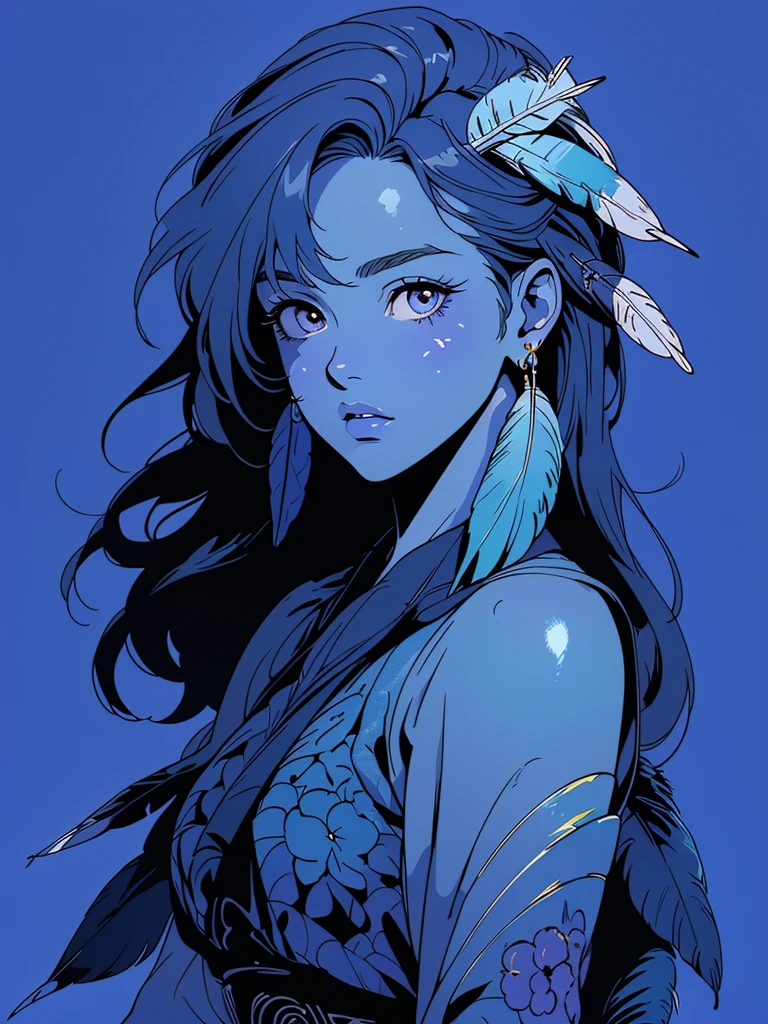Anime Girl, the 90s(masterpiece, Top quality, best quality, Official Art, beautiful and aesthetic:1.2), (1 Girl:1.3), Very detailed,(Fractal Art:1.1),(rich and colorful:1.1)(Flowers:1.3),The most detailed,(Zentangle:1.2), whole body, (Blue Background:1.3), (shiny skin), (Many colors:1.4), ,(earrings), (feather:1.5),