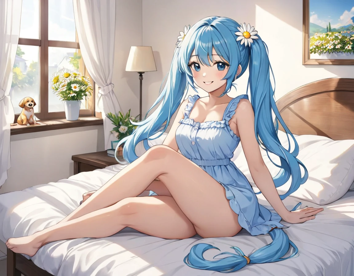 The room is decorated with many daisies.、Margaret flowers on the windowsill、The morning sun is shining、Long light blue hair、Beautiful girl with twin tails、Sitting on the bed holding a big cute pillow、Bright smile、Bright smile、There is a dog next to the bed.