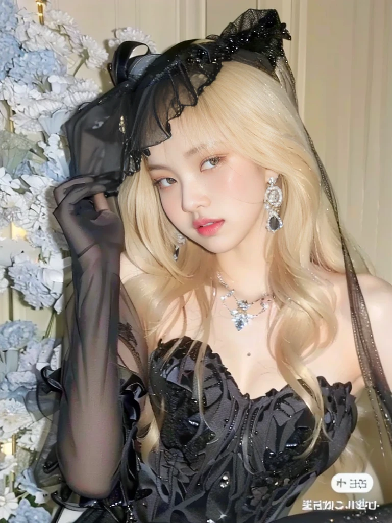 blond woman in black dress and black gloves posing for a picture, portrait of kim petras, lalisa manobal, fairycore, belle delphine, lalisa manoban of blackpink, ava max, roseanne park of blackpink, rococo onyx headpiece, ulzzang, jinyoung shin, pale fair skin!!, portrait of jossi of blackpink