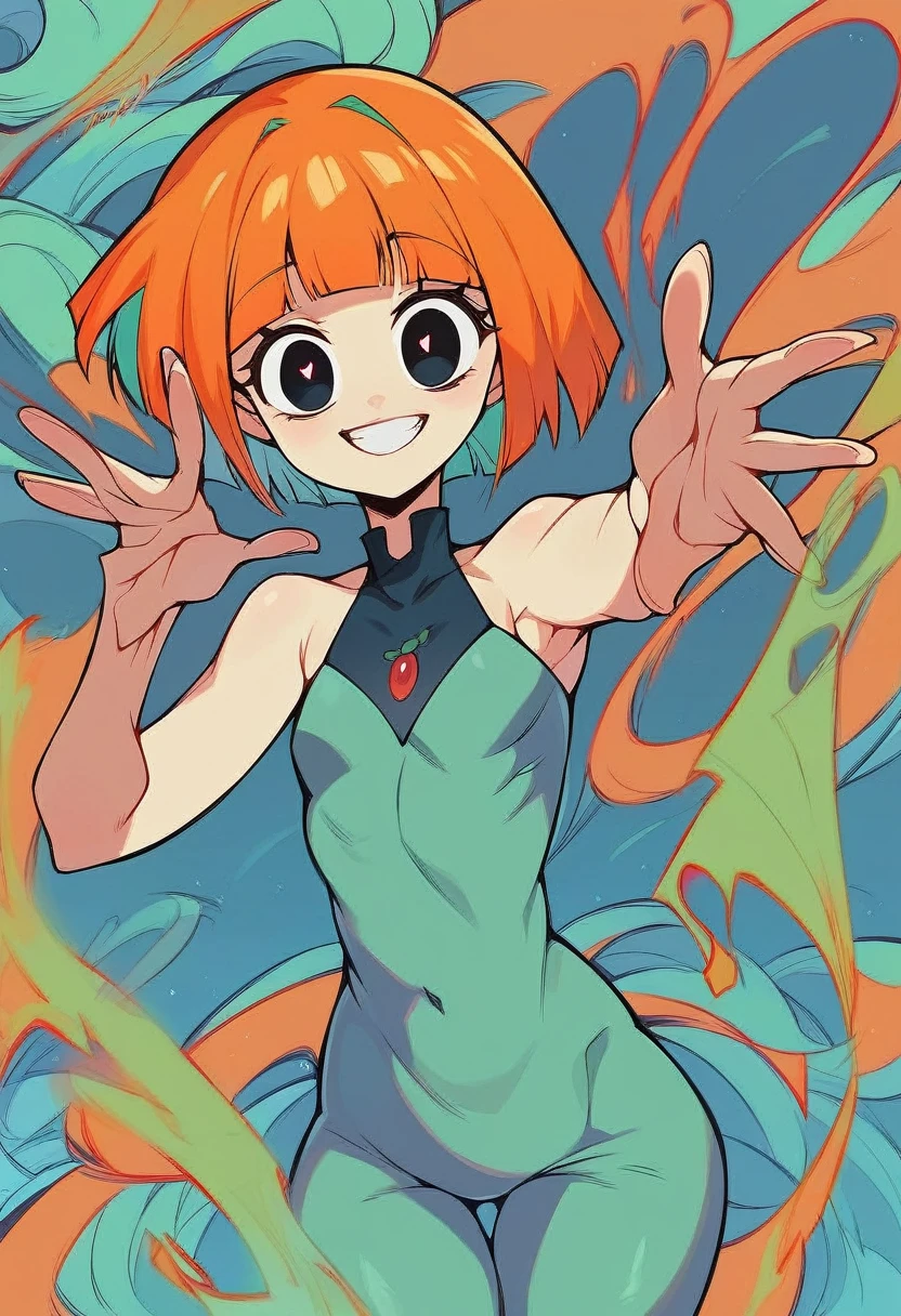 yorumac, yoru mac, short hair, bangs, (black eyes:1.5), blunt bangs, orange hair, bob cut, smile, bright pupils, BREAK looking at viewer, (cowboy shot:1.5), flat chested, curvy, small breasts, very young, BREAK (masterpiece:1.2), best quality, high resolution, unity 8k wallpaper, (illustration:0.8), (beautiful detailed eyes:1.6), extremely detailed face, perfect lighting, extremely detailed CG, (perfect hands, perfect anatomy),