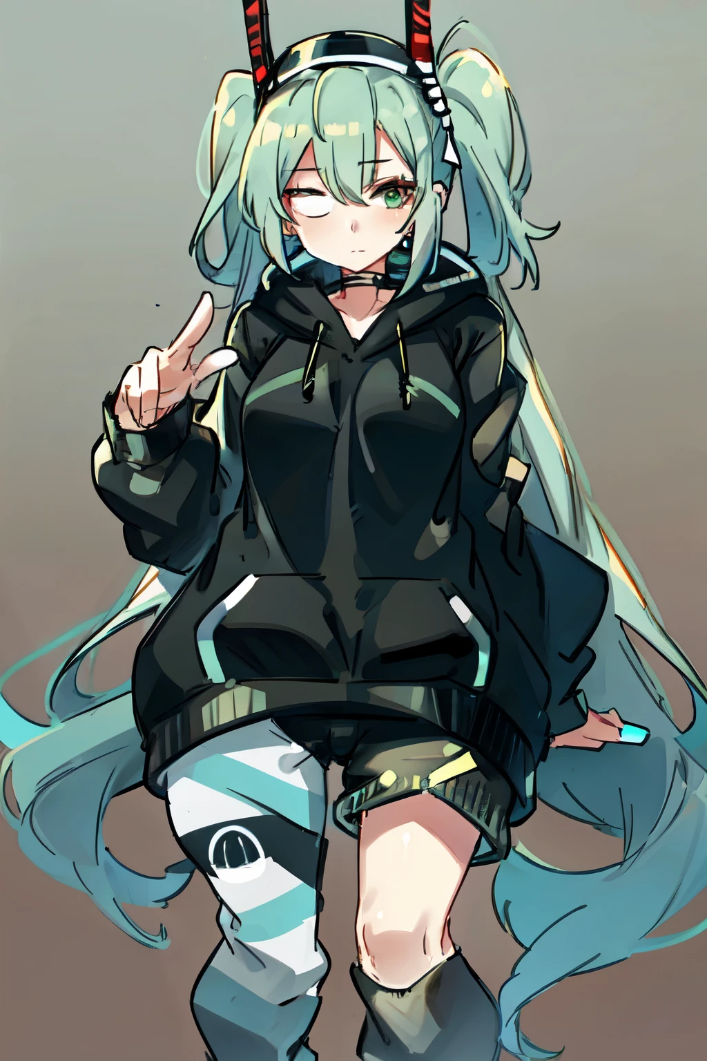 woman, 25 years old, half-leather, anime style, aqua green hair, long and curved at the ends, with a patch over one eye, wearing a black collar, a striped sweatshirt, gray sweatpants, and a samurai helmet. 