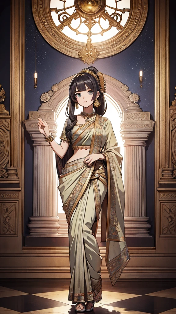 2d, masterpiece, best quality, anime, (highly detailed face), (highly detailed eyes), perfect lighting, 1girl, solo, full body, standing, genie attire, saree