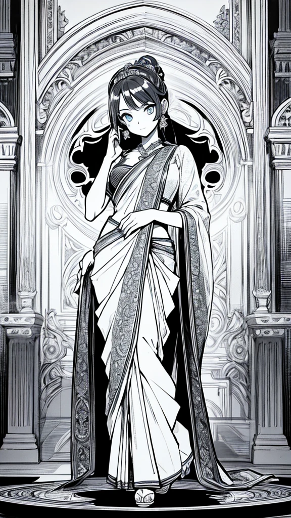 2d, masterpiece, best quality, anime, (highly detailed face), (highly detailed eyes), perfect lighting, 1girl, solo, full body, standing, genie attire, saree