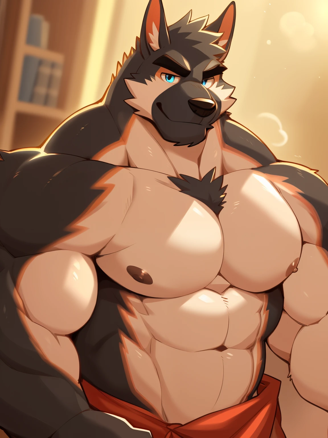 Author: Takemoto Arashi, (1 boy), One, Barlitz, Men's Second, kemono, hot body, muscle, Beautiful, sexual, Attractive guy, (Detailed blue eyes), brows, (masterpiece, A high resolution, Best quality), 4K, a male, Barlitz, portrait, Beautiful shadow, pecs focus, nipples,  Towel on the waist, 