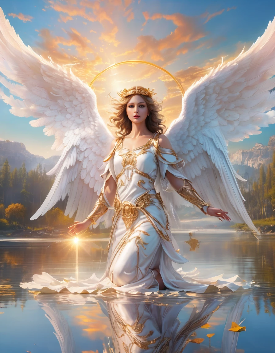 a picture of a female angel flying over a lake ((the angel's reflection mirrored perfectly in the lake: 1.5)), full body shot, a beautiful female angel, divine beauty angel, ((ultra detailed face: 1.3)), (best detailed face: 1.3), dynamic eye color, dynamic hair color, dynamic hair style, intense gaze, wearing dynamic clothing, hovering over a lake, (white angelic wings spread: 1.3), (((a perfect reflection of the angel seen in the lake: 1.5))) vibrant, Ultra-high resolution, High Contrast, masterpiece:1.2, highest quality, Best aesthetics), best details, best quality, highres, ultra wide angle, 16K, [ultra detailed], masterpiece, best quality, (extremely detailed), 大Angel　skyline　god　Angel　bless　godの栄光　