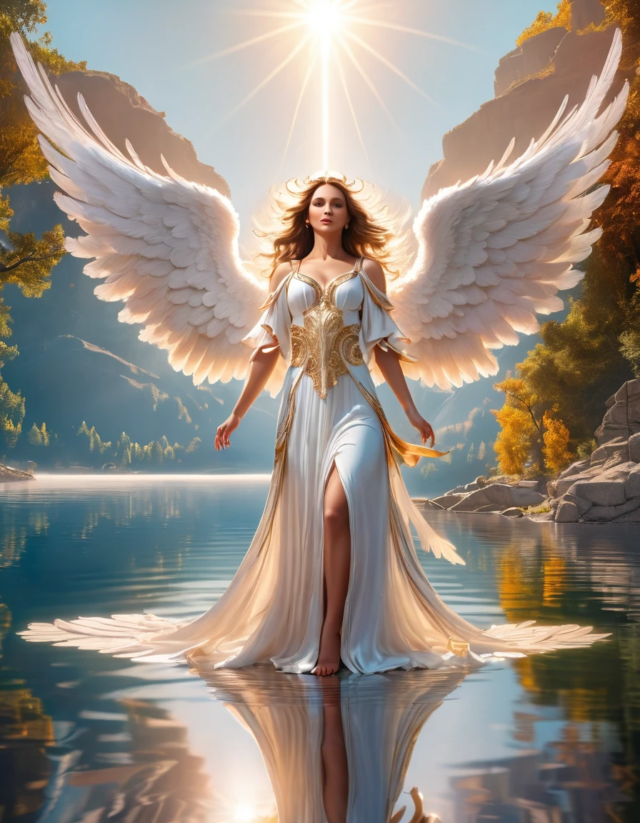 a picture of a female angel flying over a lake ((the angel's reflection mirrored perfectly in the lake: 1.5)), full body shot, a beautiful female angel, divine beauty angel, ((ultra detailed face: 1.3)), (best detailed face: 1.3), dynamic eye color, dynamic hair color, dynamic hair style, intense gaze, wearing dynamic clothing, hovering over a lake, (white angelic wings spread: 1.3), (((a perfect reflection of the angel seen in the lake: 1.5))) vibrant, Ultra-high resolution, High Contrast, masterpiece:1.2, highest quality, Best aesthetics), best details, best quality, highres, ultra wide angle, 16K, [ultra detailed], masterpiece, best quality, (extremely detailed), 大Angel　skyline　god　Angel　bless　godの栄光　