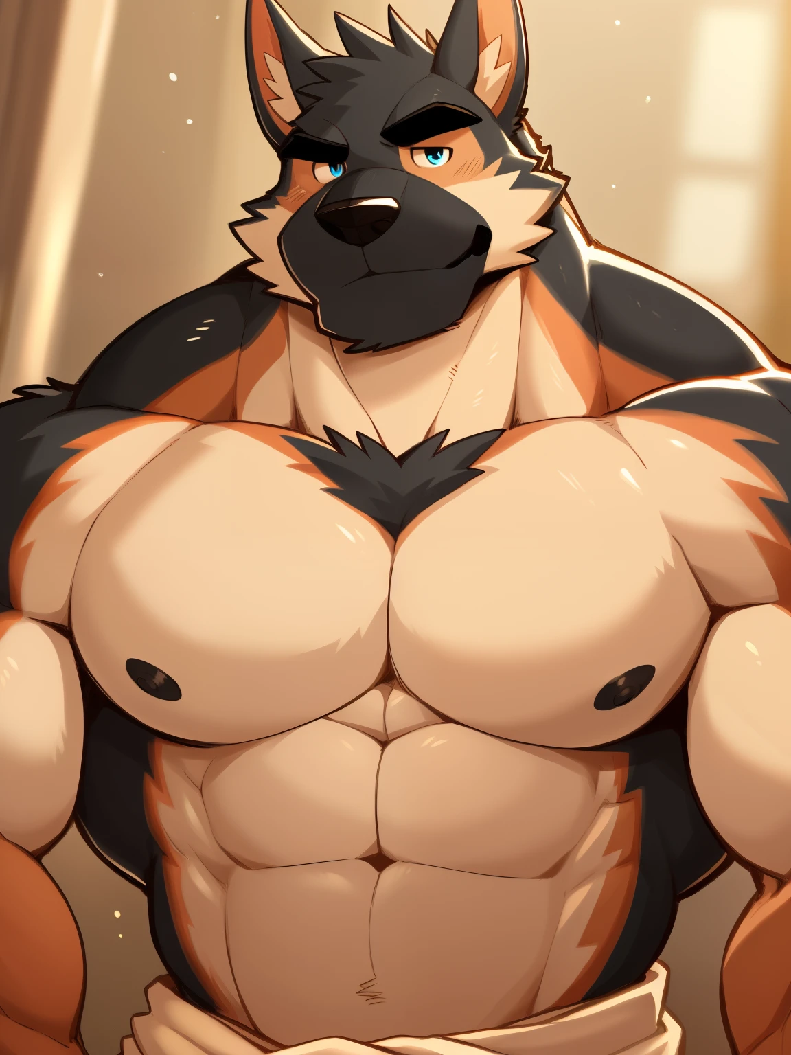 Author: Takemoto Arashi, (1 boy), One, Barlitz, Men's Second, kemono, hot body, muscle, Beautiful, sexual, Attractive guy, (Detailed blue eyes), brows, (masterpiece, A high resolution, Best quality), 4K, a male, Barlitz, portrait, Beautiful shadow, pecs focus, nipples,  Towel on the waist, 