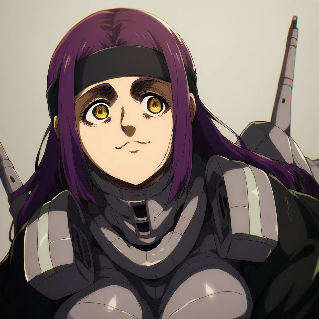 shingeki_no_kyojin_s4_style, portrait, solo, long hair, mech suit, purple hair, yellow eyes, black headband, happy, 1 girl, big