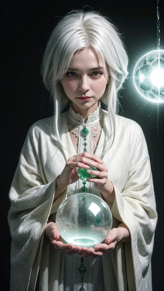An Elderly Spiritual Woman Holding a Crystal Ball, with white hair, Green Spiritual Coat, Spiritual Fund