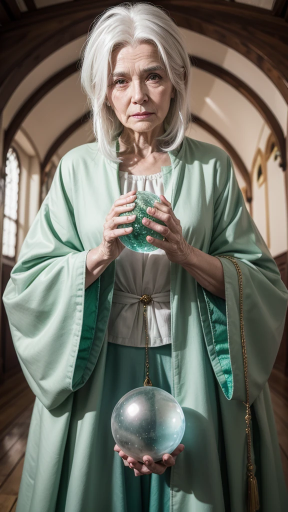 An Elderly Spiritual Woman Holding a Crystal Ball, with white hair, Green Spiritual Coat, Spiritual Fund