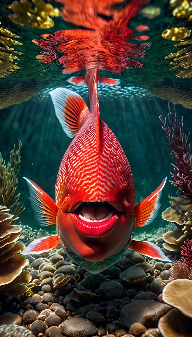 a red-skinned mermaid,intricate detailed face,piercing eyes,beautiful detailed lips,extremely detailed face and eyes,long eyelashes,sharp fangs,scaled skin,vibrant red skin tones,dramatic lighting,cinematic composition,highly detailed digital art,cinematic lighting,fantasy,concept art,photorealistic,4k,8k,highres,masterpiece,ultra-detailed