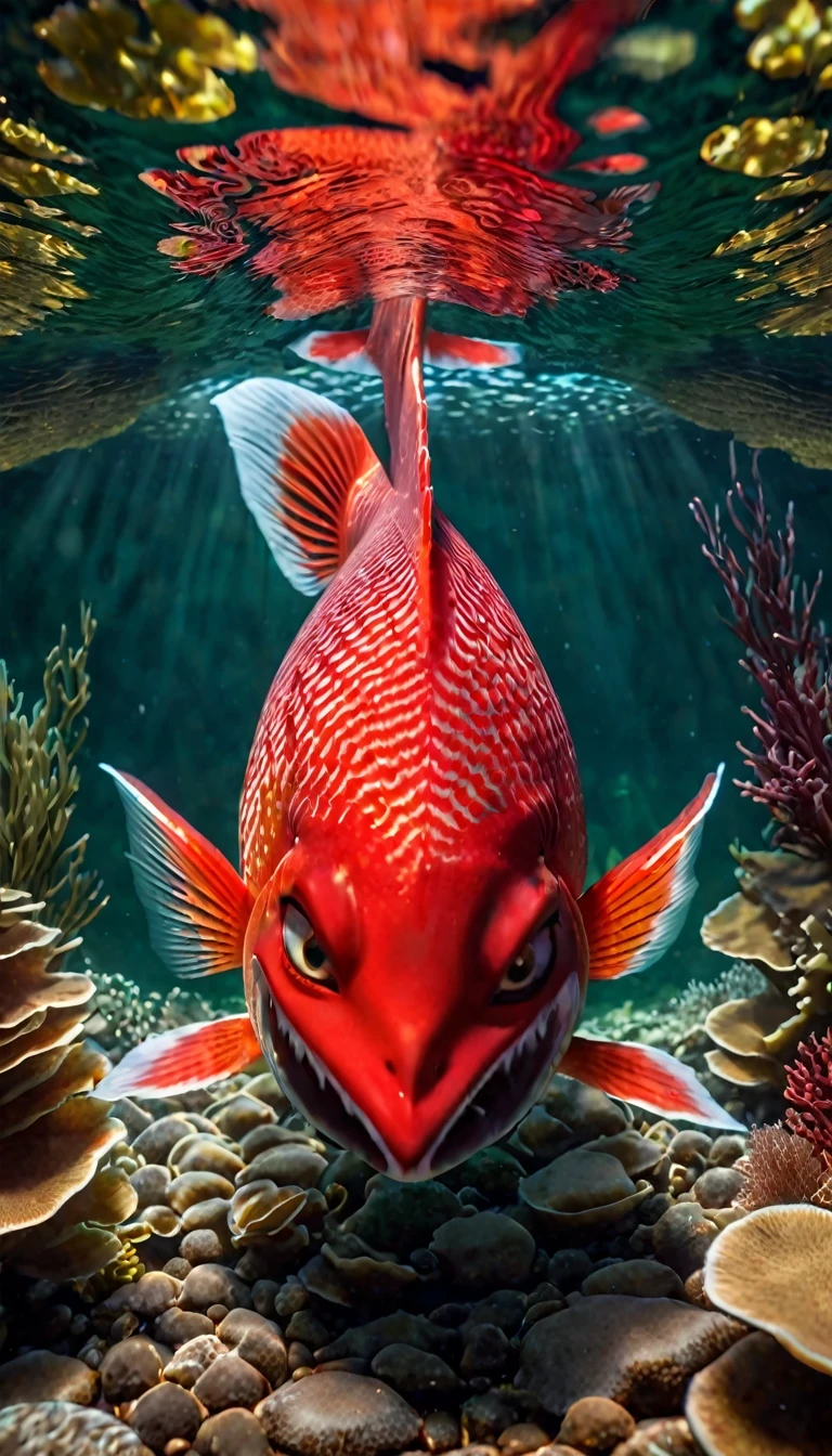 a red-skinned mermaid,intricate detailed face,piercing eyes,beautiful detailed lips,extremely detailed face and eyes,long eyelashes,sharp fangs,scaled skin,vibrant red skin tones,dramatic lighting,cinematic composition,highly detailed digital art,cinematic lighting,fantasy,concept art,photorealistic,4k,8k,highres,masterpiece,ultra-detailed