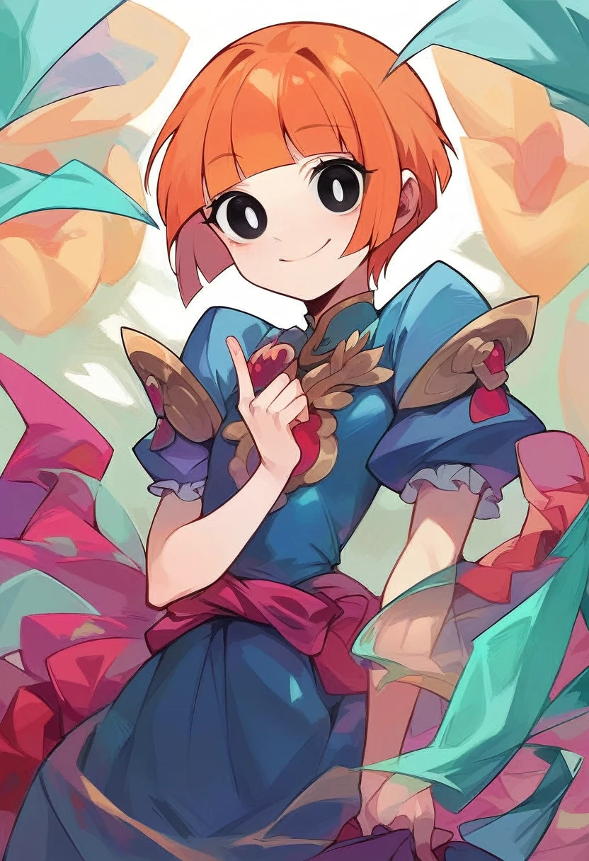 yorumac, yoru mac, short hair, bangs, (black eyes:1.5), blunt bangs, orange hair, short hair, smile, bright pupils, BREAK looking at viewer, (cowboy shot:1.5), flat chested, curvy, small breasts, very young, BREAK (masterpiece:1.2), best quality, high resolution, unity 8k wallpaper, (illustration:0.8), (beautiful detailed eyes:1.6), extremely detailed face, perfect lighting, extremely detailed CG, (perfect hands, perfect anatomy),