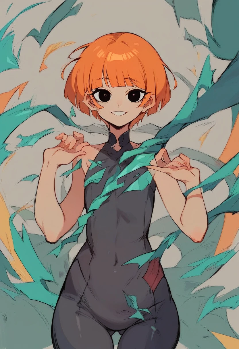 yorumac, yoru mac, short hair, bangs, (black eyes:1.5), blunt bangs, orange hair, short hair, smile, bright pupils, BREAK looking at viewer, (cowboy shot:1.5), flat chested, curvy, small breasts, very young, BREAK (masterpiece:1.2), best quality, high resolution, unity 8k wallpaper, (illustration:0.8), (beautiful detailed eyes:1.6), extremely detailed face, perfect lighting, extremely detailed CG, (perfect hands, perfect anatomy),