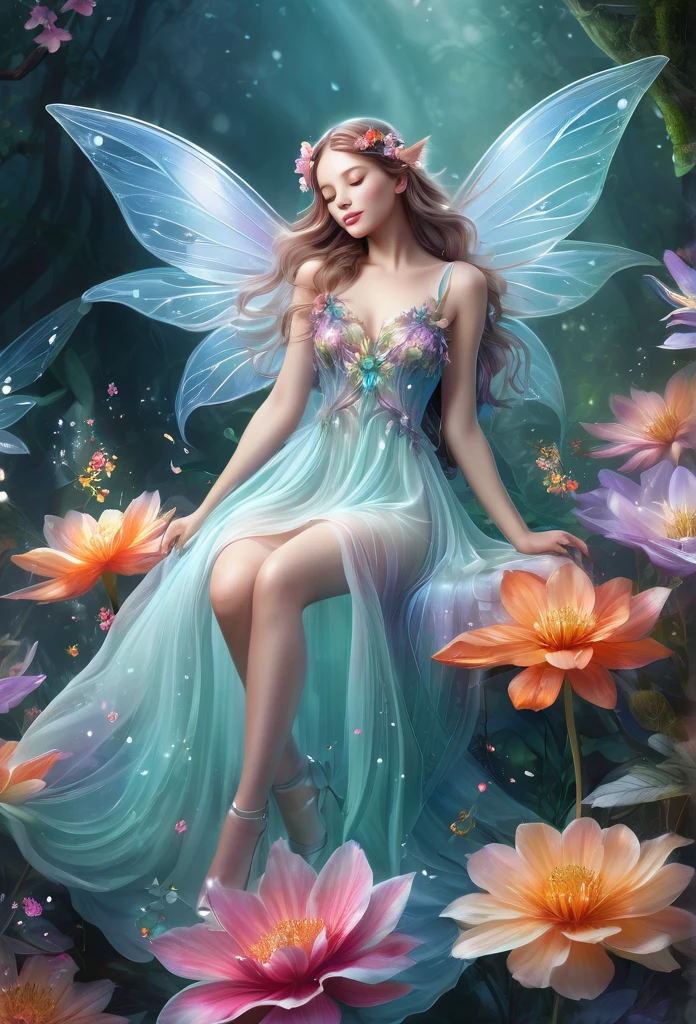 (high quality),(artwork),(high quality details),a fairy(full body) gracefully laying and sleeping on a beautiful magnificent flower,beautiful translucent wings, short flowy dress,on a big flower (fantasy illustration)mist background, enchanted forest, sparkling flowers, (refined details)