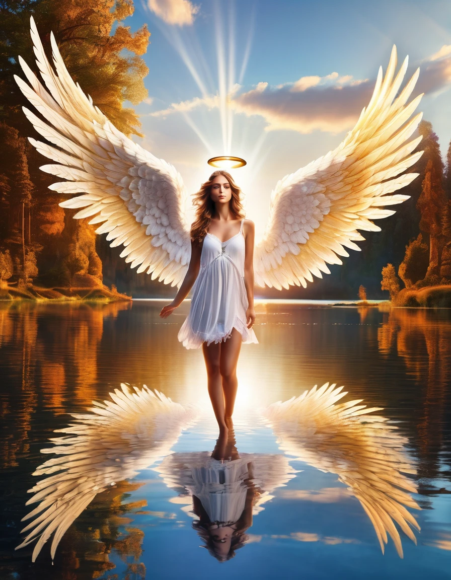 a picture of a female angel flying over a lake ((the angel's reflection mirrored perfectly in the lake: 1.5)), full body shot, a beautiful female angel, divine beauty angel, ((ultra detailed face: 1.3)), (best detailed face: 1.3), dynamic eye color, dynamic hair color, dynamic hair style, intense gaze, wearing dynamic clothing, hovering over a lake, (white angelic wings spread: 1.3), (((a perfect reflection of the angel seen in the lake: 1.5))) vibrant, Ultra-high resolution, High Contrast, masterpiece:1.2, highest quality, Best aesthetics), best details, best quality, highres, ultra wide angle, 16k, [ultra detailed], masterpiece, best quality, (extremely detailed)