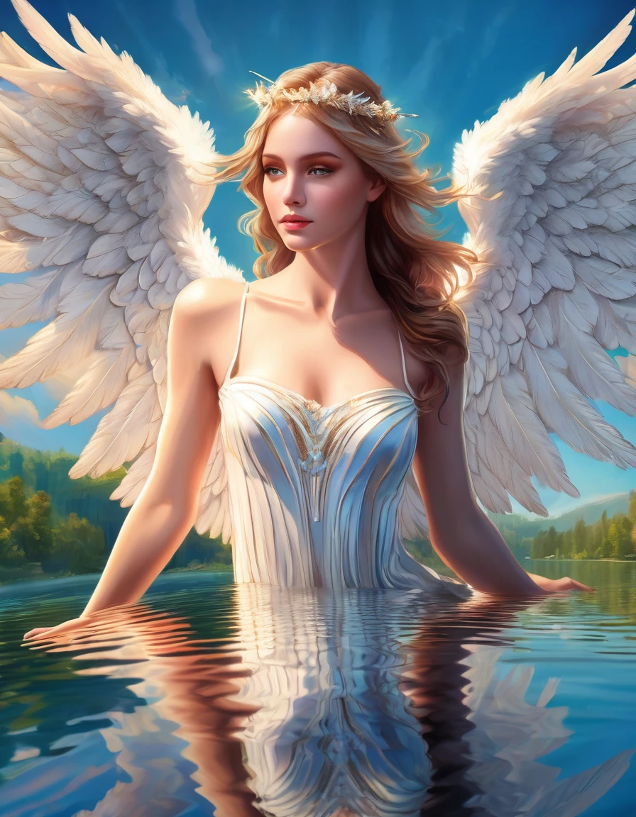 a picture of a female angel flying over a lake ((the angel's reflection mirrored perfectly in the lake: 1.5)), full body shot, a beautiful female angel, divine beauty angel, ((ultra detailed face: 1.3)), (best detailed face: 1.3), dynamic eye color, dynamic hair color, dynamic hair style, intense gaze, wearing dynamic clothing, hovering over a lake, (white angelic wings spread: 1.3), (((a perfect reflection of the angel seen in the lake: 1.5))) vibrant, Ultra-high resolution, High Contrast, masterpiece:1.2, highest quality, Best aesthetics), best details, best quality, highres, ultra wide angle, 16k, [ultra detailed], masterpiece, best quality, (extremely detailed)