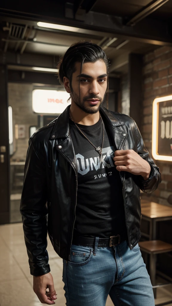 arafed man in a black shirt and jeans holding a leather jacket, a man wearing a black jacket, in an old 1950s leather jacket, youtube video screenshot, wearing a full leather outfit, wearing cyberpunk 2 0 7 7 jacket, dressed in leather jacket, enes dirig, wearing a leather jacket, tiktok video, singer maluma