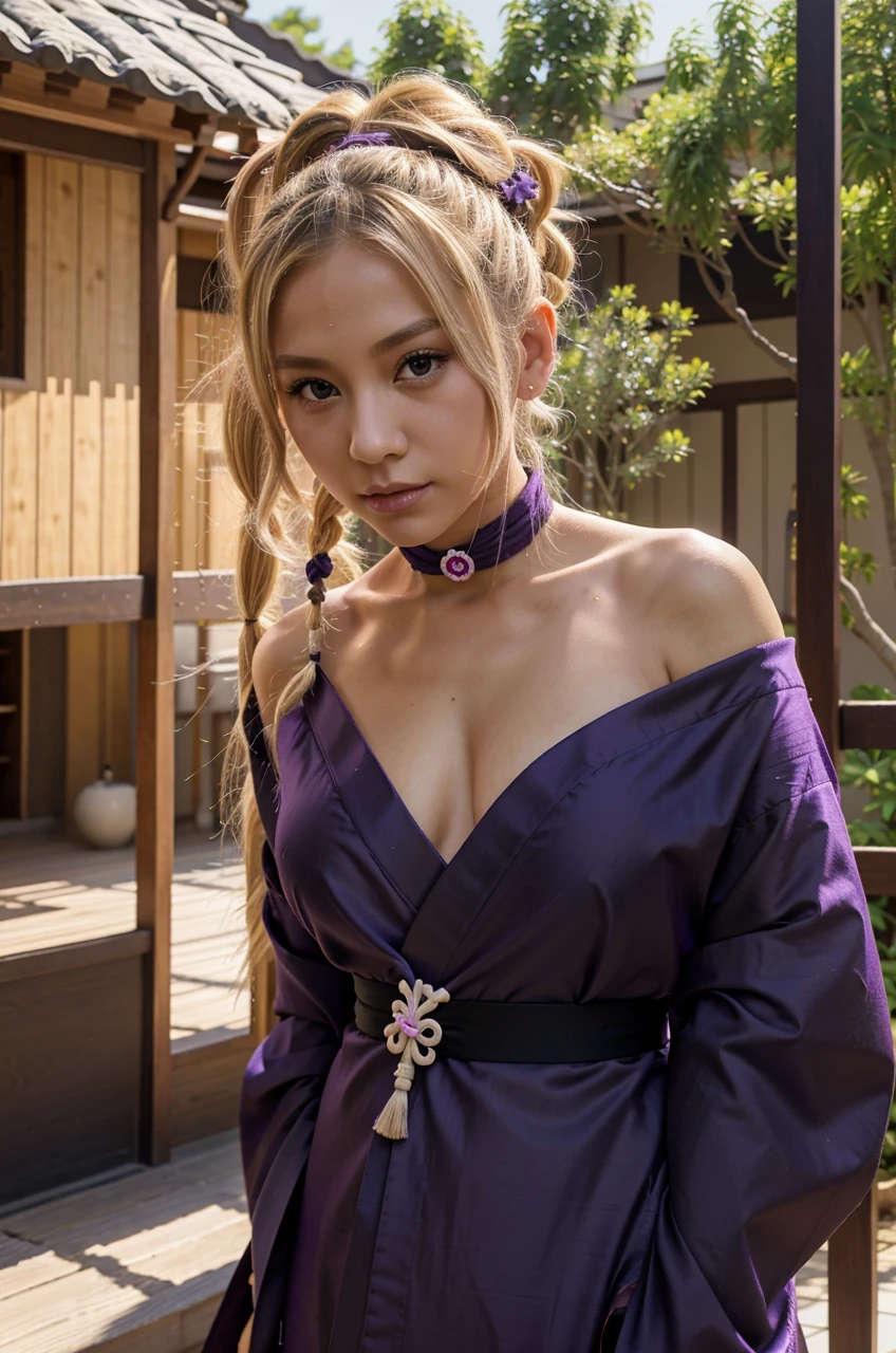 Temari, blonde hair with four pigtails, mikado, black eyes, Small nose, thin neck, seductive, attractive, large breast, purple kimono, realistic, 4k