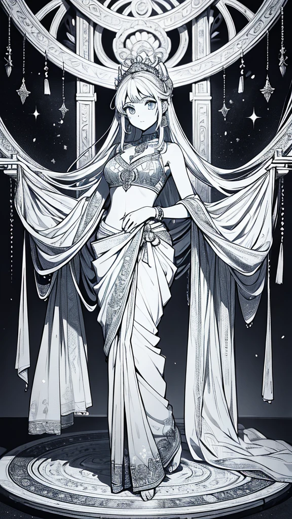 2d, masterpiece, best quality, anime, (highly detailed face), (highly detailed eyes), perfect lighting, 1girl, solo, full body, standing, genie attire, saree