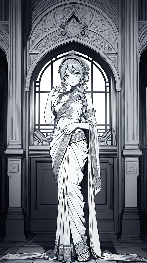 2d, masterpiece, best quality, anime, (highly detailed face), (highly detailed eyes), perfect lighting, 1girl, solo, full body, standing, genie attire, saree