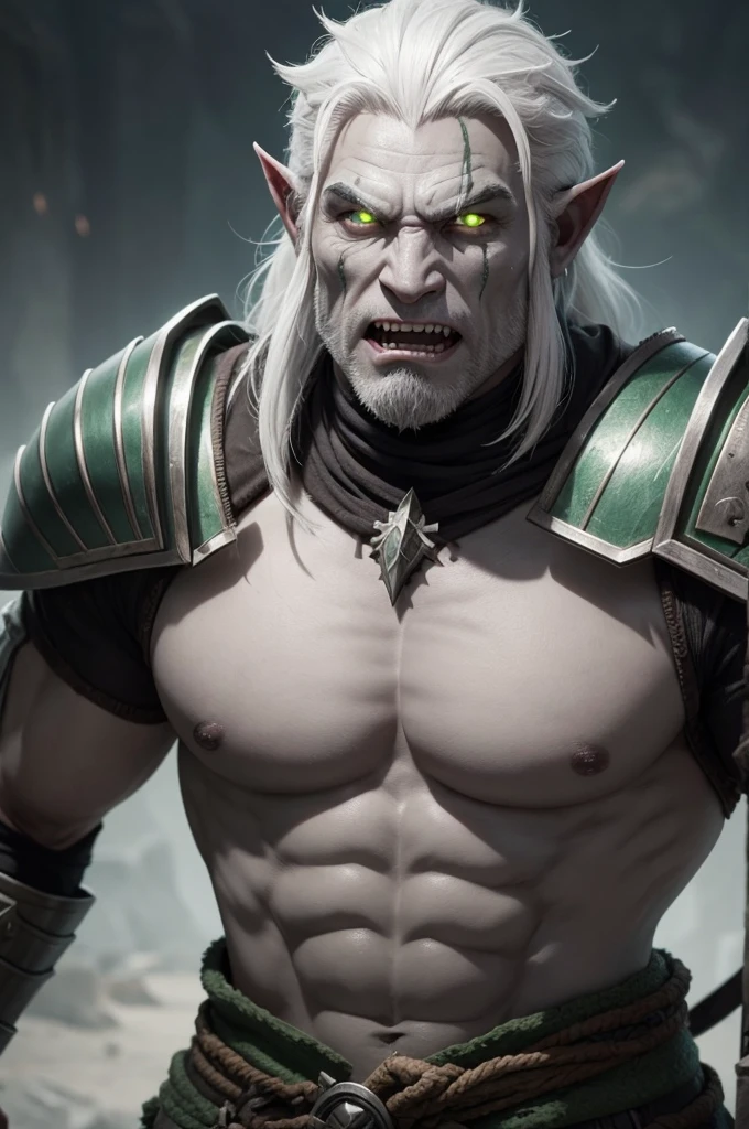 Create a half-orc character with gray skin, white hair and green eyes with pressed armor and thick fangs