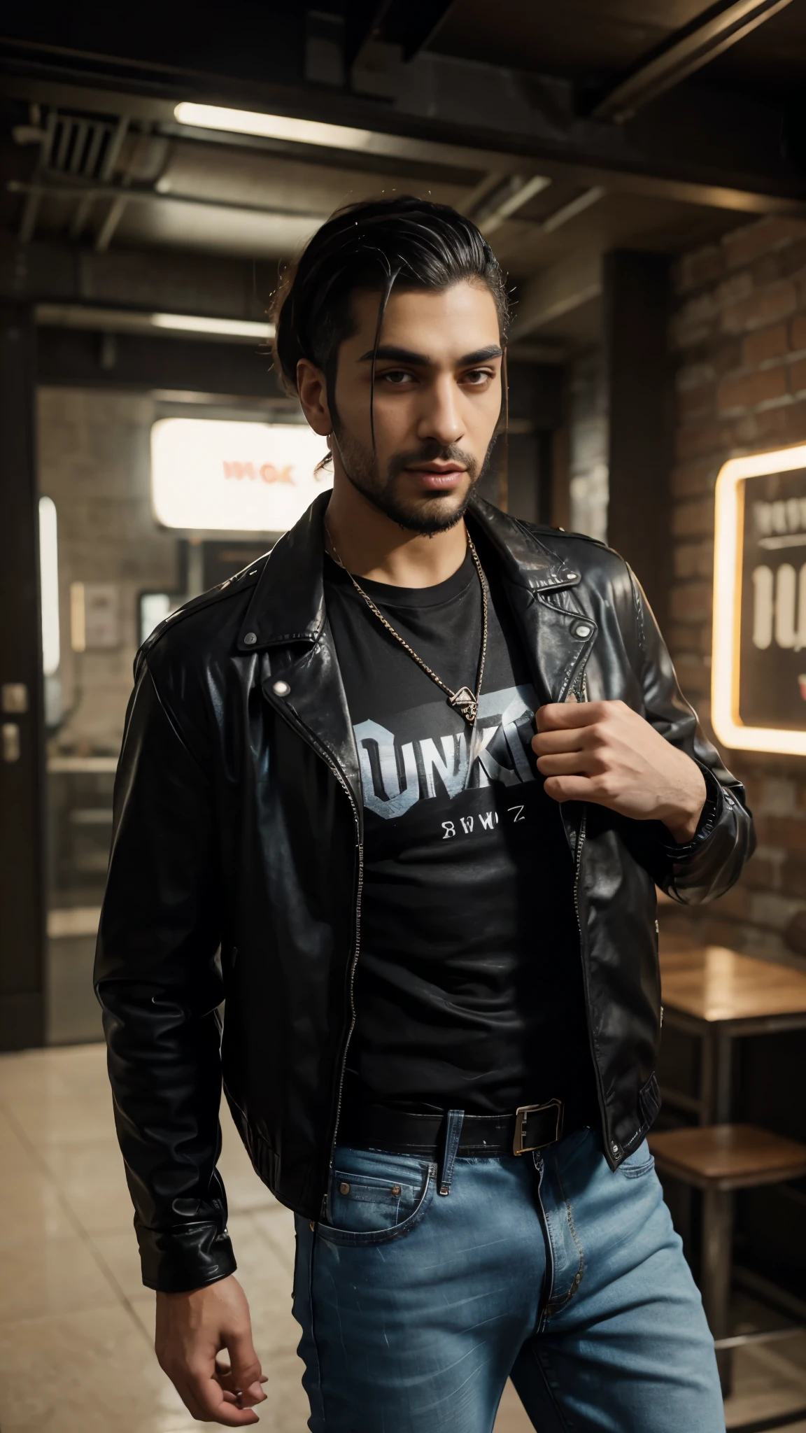 arafed man in a black shirt and jeans holding a leather jacket, a man wearing a black jacket, in an old 1950s leather jacket, youtube video screenshot, wearing a full leather outfit, wearing cyberpunk 2 0 7 7 jacket, dressed in leather jacket, enes dirig, wearing a leather jacket, tiktok video, singer maluma