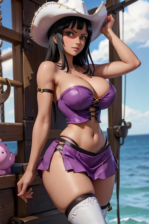 (masterpiece), best quality, expressive eyes, perfect face, front lighting, (outside onboard pirate ship at sea background), (posing), (seductive look), (cleavage view), (1girl, Nico Robin, milf, latina, dark skin, short black hair with bangs, straight flat hairstyle, brown eyes, hourglass figure, thick body, curvy body, large breasts, huge breasts, oppai, large cleavage, wide hips, thick thighs), (purple front laceup corset, croptop, sleevless, strapless, exposed cleavage, purple armlet, purple miniskirt, white fuzzy trim, white cowboy boots, white cowboy hat),