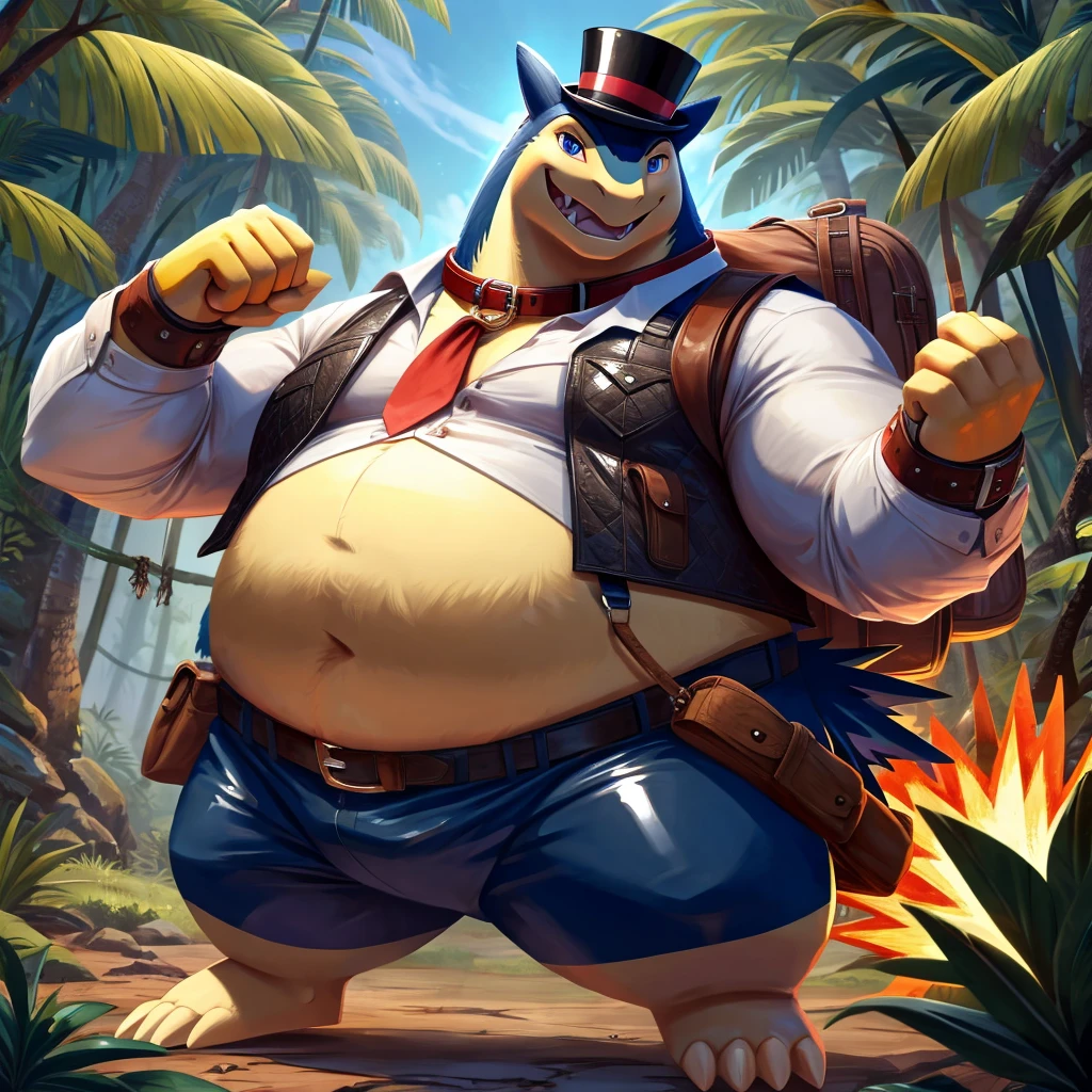 Male, fat, extremely obese, gentleman, Typhlosion, blue eyes, (posing:1.3), (soft shading), 4k, hi res, ((detailed face, detailed)), looking at viewer, evil grin, jungle, forest, shirt, top hat, male focus, Explorer Outfit, glasses, monocle, bag, vest, backpack, sleeves rolled up, round eyewear, brown headwear, brown vest, Typhlosion is wearing a glossy leather dog collar around the neck, Typhlosion is wearing the leather collar and shirt and vest at the same time, Typhlosion is wearing glossy white rubber gloves on the hands, wearing white rubber gloves on the feet, gloves are rubber in texture, clenching teeth, clenching fists, leather collar is glossy and shiny with a lot of detail.