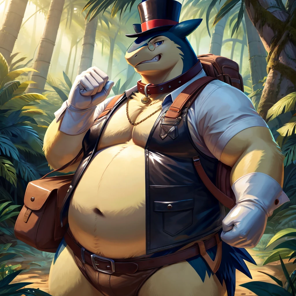 Male, fat, extremely obese, gentleman, Typhlosion, blue eyes, (posing:1.3), (soft shading), 4k, hi res, ((detailed face, detailed)), looking at viewer, evil grin, jungle, forest, shirt, top hat, male focus, Explorer Outfit, glasses, monocle, bag, vest, backpack, sleeves rolled up, round eyewear, brown headwear, brown vest, Typhlosion is wearing a glossy leather dog collar around the neck, Typhlosion is wearing the leather collar and shirt and vest at the same time, Typhlosion is wearing glossy white rubber gloves on the hands, wearing white rubber gloves on the feet, gloves are rubber in texture, clenching teeth, clenching fists, leather collar is glossy and shiny with a lot of detail.