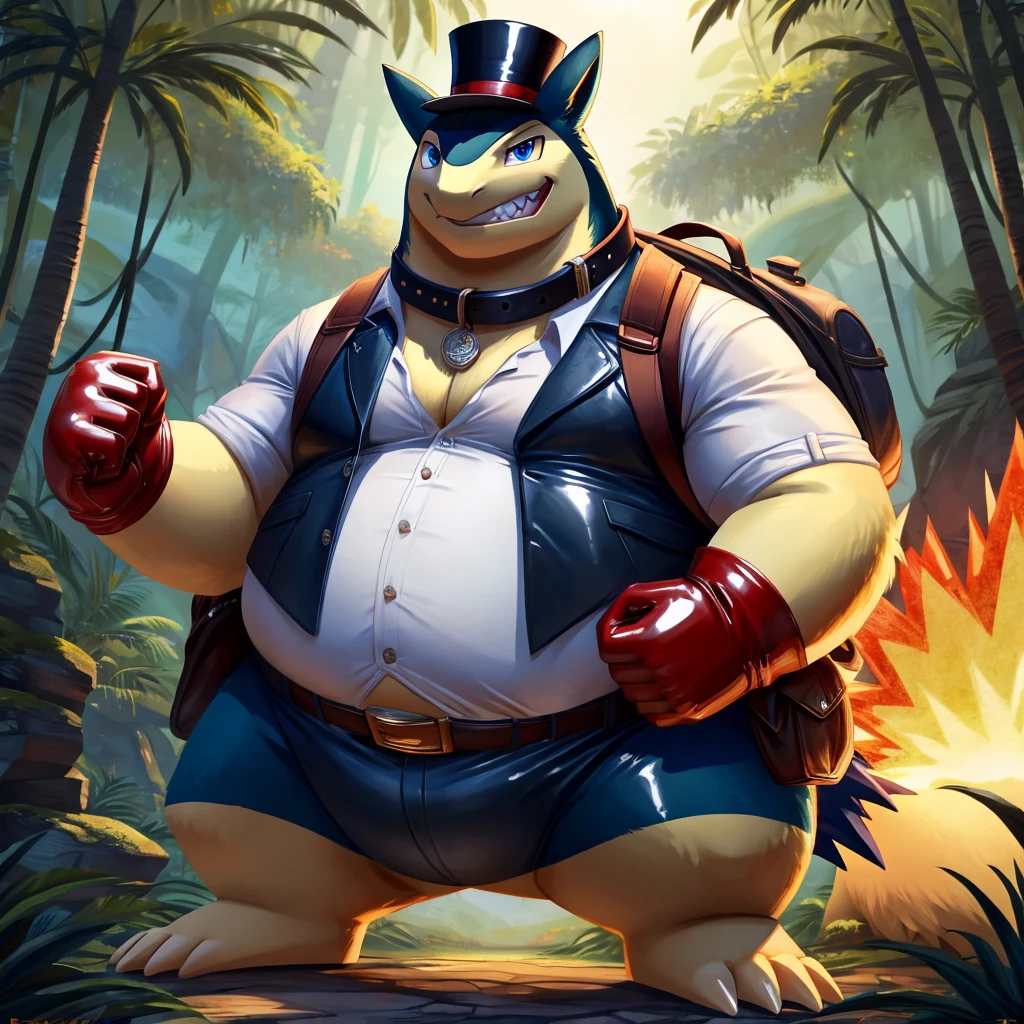 Male, fat, extremely obese, gentleman, Typhlosion, blue eyes, (posing:1.3), (soft shading), 4k, hi res, ((detailed face, detailed)), looking at viewer, evil grin, jungle, forest, shirt, top hat, male focus, Explorer Outfit, glasses, monocle, bag, vest, backpack, sleeves rolled up, round eyewear, brown headwear, brown vest, Typhlosion is wearing a glossy leather dog collar around the neck, Typhlosion is wearing the leather collar and shirt and vest at the same time, Typhlosion is wearing glossy white rubber gloves on the hands, wearing white rubber gloves on the feet, gloves are rubber in texture, clenching teeth, clenching fists, leather collar is glossy and shiny with a lot of detail.