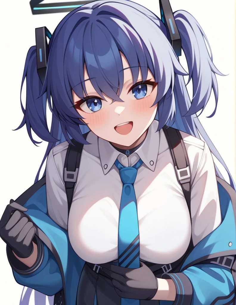 (leaning forward), (((5finger))), ((hotel room)), 1girl, yuuka \(blue archive\), blue archive, uniform, gloves, mechanical halo, upper body, white background, Hugh breasts, halo, looking at viewer, breasts, blue hair, blue necktie, jacket, long hair, shirt, necktie, blue eyes, blush, hair ornament, smile, white shirt, dark blue hair, black gloves, holding, open mouth, open clothes, half twintails, solo, hair between eyes, open jacket, very aesthetic, masterpiece, best quality, absurdres, sensitive,