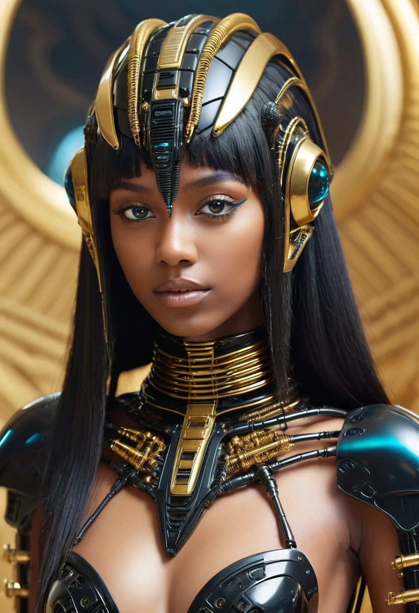 close-up, without clothes cute sexual black 17 years girl wears an insectoid exoskeleton made from glass parts, looking at me, flirt, love me, cybernetic parts of body, straight hair, against the backdrop gold Egyptian Piramid, ultra high quality detailing