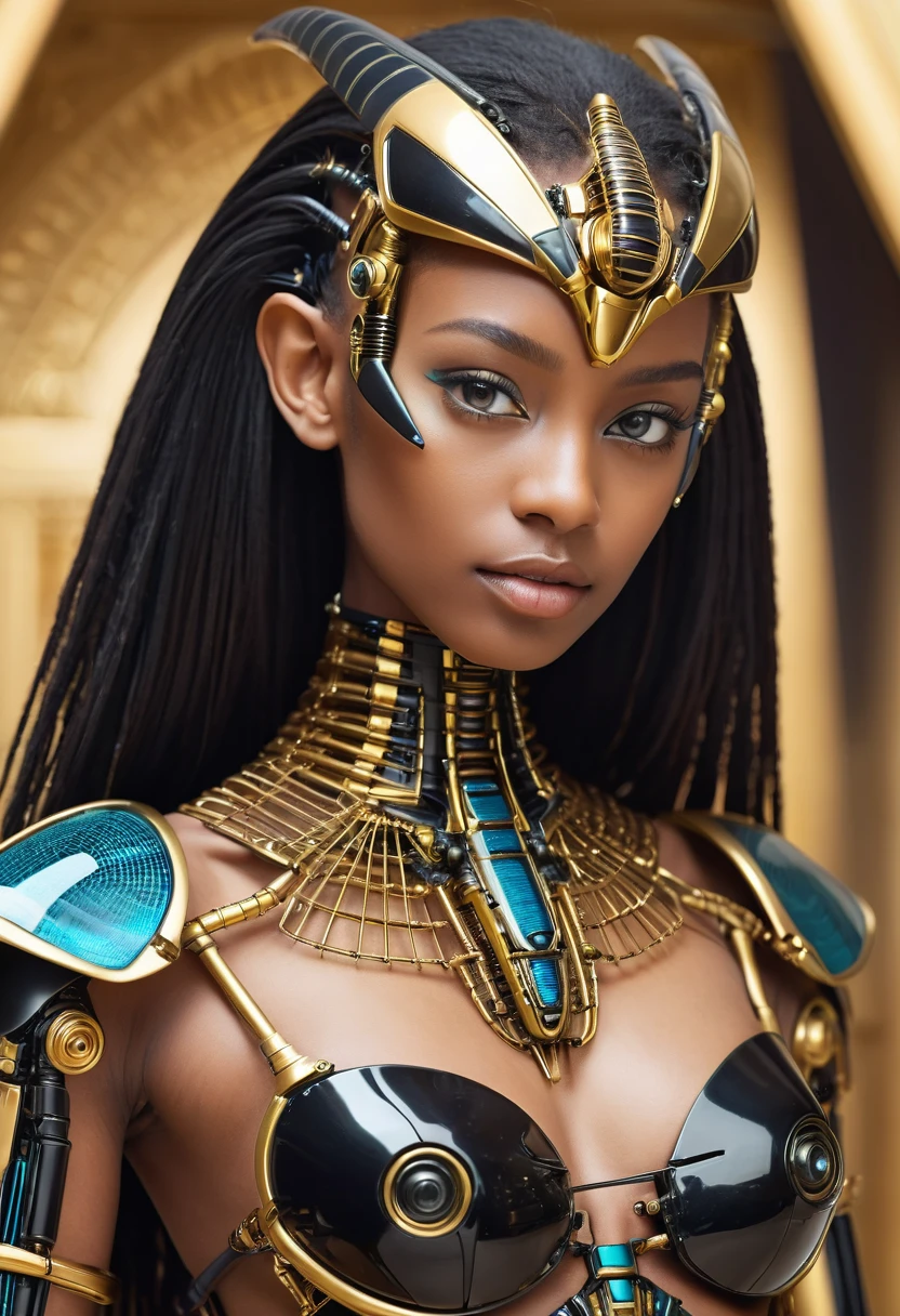 close-up, without clothes cute sexual black 17 years girl wears an insectoid exoskeleton made from glass parts, looking at me, flirt, love me, cybernetic parts of body, straight hair, against the backdrop gold Egyptian Piramid, ultra high quality detailing