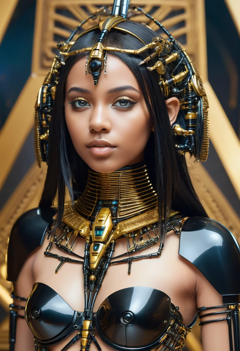 close-up, without clothes cute sexual black 17 years girl wears an insectoid exoskeleton made from glass parts, looking at me, flirt, love me, cybernetic parts of body, straight hair, against the backdrop gold Egyptian Piramid, ultra high quality detailing