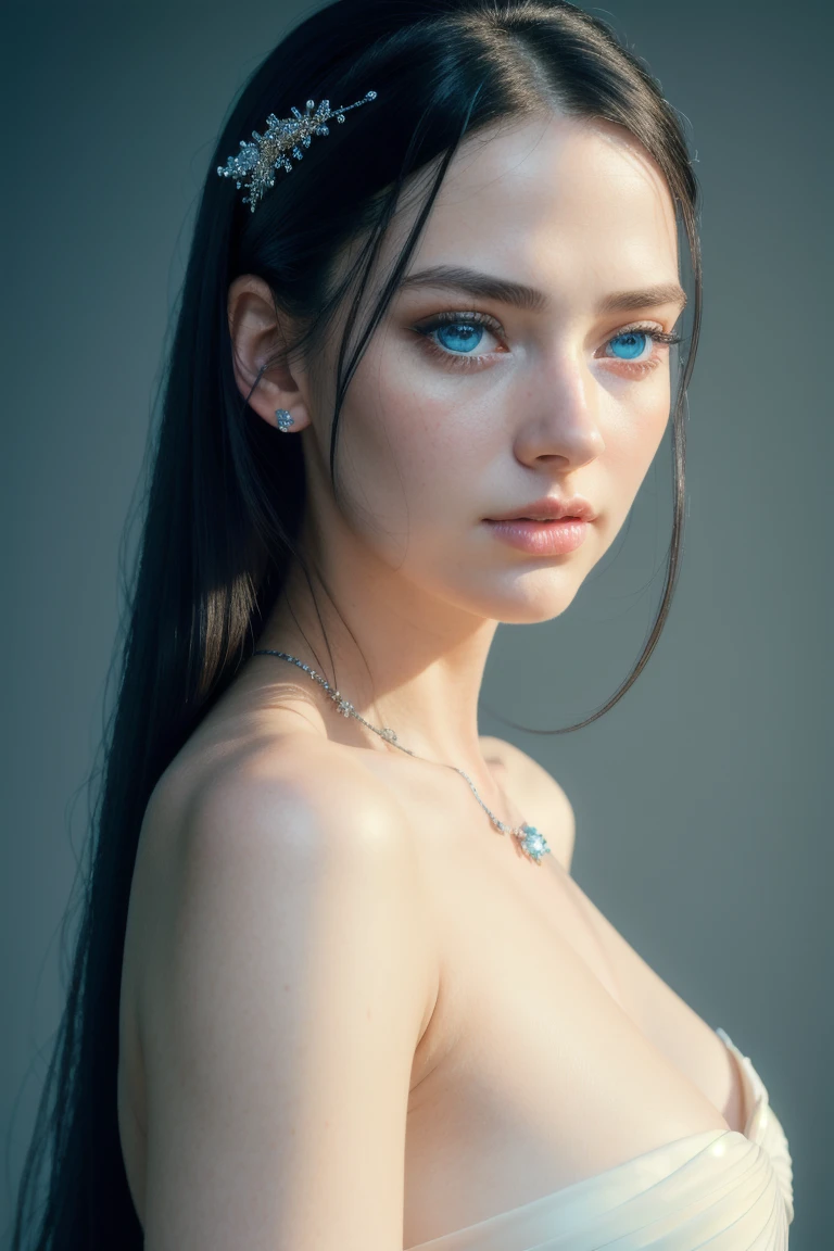 1 woman, beautiful blue eyes, long detailed black hair, elegant white dress, portrait mode, cinematic lighting, highly detailed, photorealistic, (best quality,4k,8k,highres,masterpiece:1.2),ultra-detailed,(realistic,photorealistic,photo-realistic:1.37),soft warm colors, dramatic lighting, exquisite details, ethereal, graceful pose, serene expression