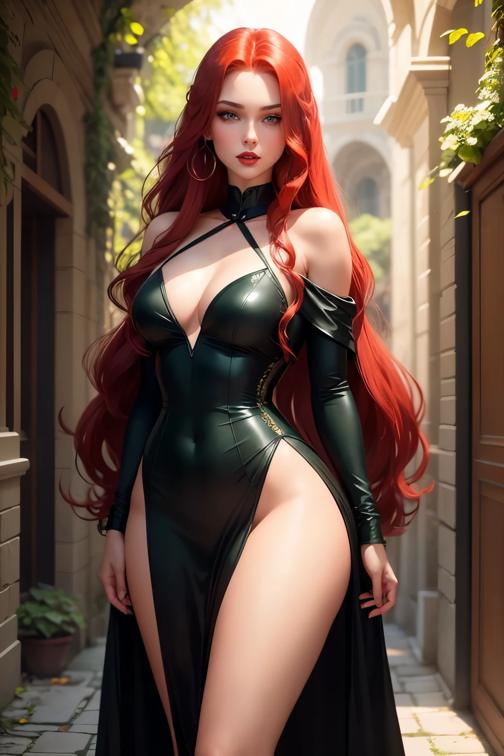 Ravenna is a stunning young woman with fair skin, full red lips and intense green eyes. Her long red hair falls over her shoulders in soft waves.. She has a slender figure, but curvy.