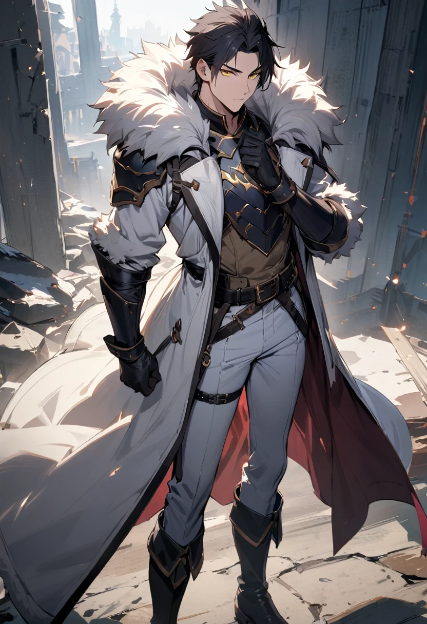 masterpiece, best quality, 1man, adult, male-focus, fur-trim, solo, full-body, black-hair, gloves, boots, armor, belt, coat, looking-at-viewer, ((Yellow-eyes)), black-gloves, long-coat, standing, white-coat, pants, White-skin,