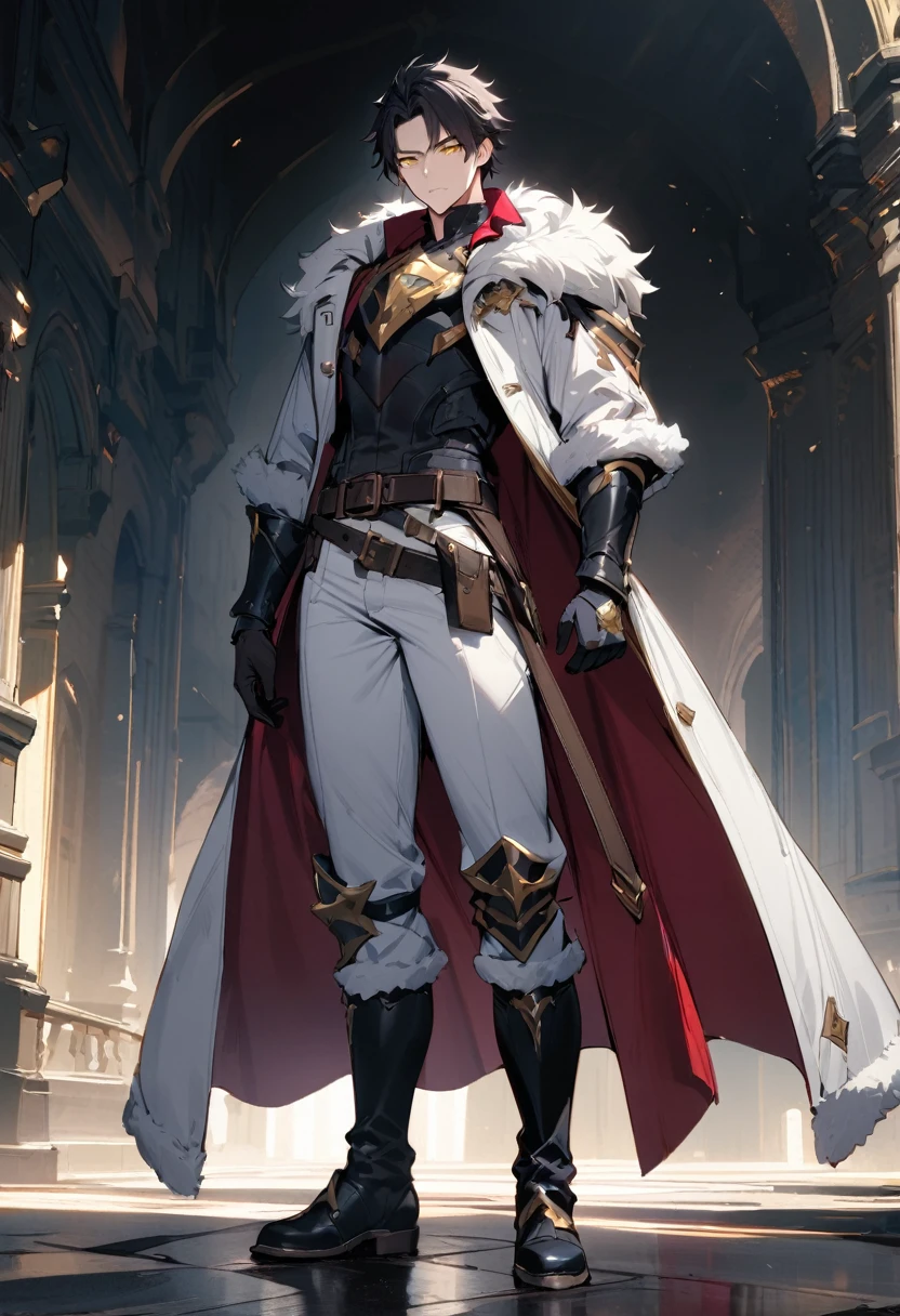masterpiece, best quality, 1man, adult, male-focus, fur-trim, solo, full-body, black-hair, gloves, boots, armor, belt, coat, looking-at-viewer, ((Yellow-eyes)), black-gloves, long-coat, standing, white-coat, pants, White-skin,