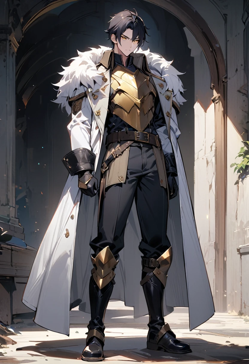 masterpiece, best quality, 1man, adult, male-focus, fur-trim, solo, full-body, black-hair, gloves, boots, armor, belt, coat, looking-at-viewer, ((Yellow-eyes)), black-gloves, long-coat, standing, white-coat, pants, White-skin,