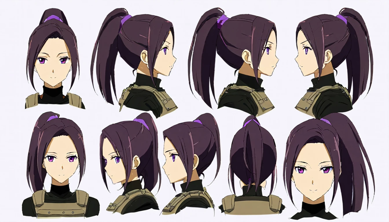 One Mature woman,human, Dark hair with purple strands, Ponytail, purple eyes,black outfit,wearing bulletproof vest, neutral expression, Head Shot,Front facing view,Back view,Side view,Top view,Symmetric beautiful, masterpiece, best quality, perfect lighting8k, reference sheet, model sheet, simple white background, multiple views.
