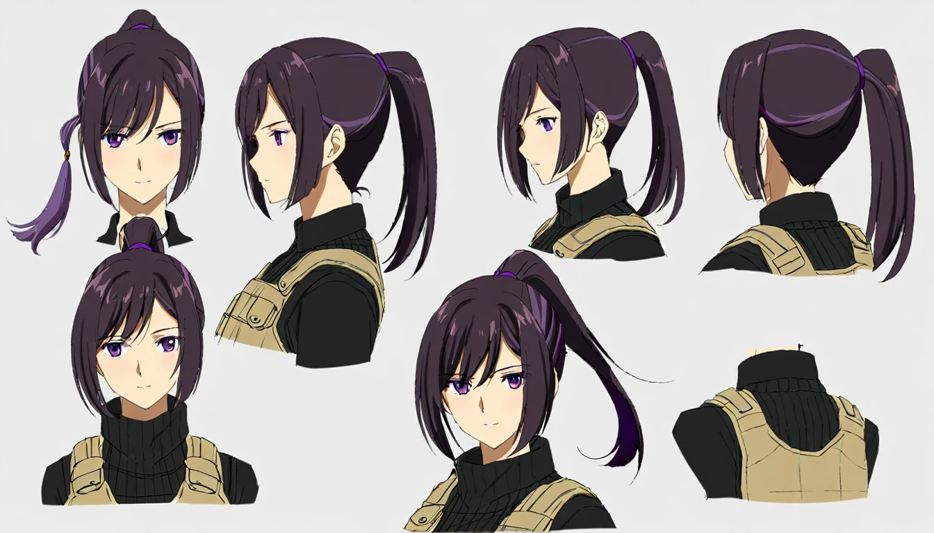 One Mature woman,human, Dark hair with purple strands, Ponytail, purple eyes,black outfit,wearing bulletproof vest, neutral expression, Head Shot,Front facing view,Back view,Side view,Top view,Symmetric beautiful, masterpiece, best quality, perfect lighting8k, reference sheet, model sheet, simple white background, multiple views.